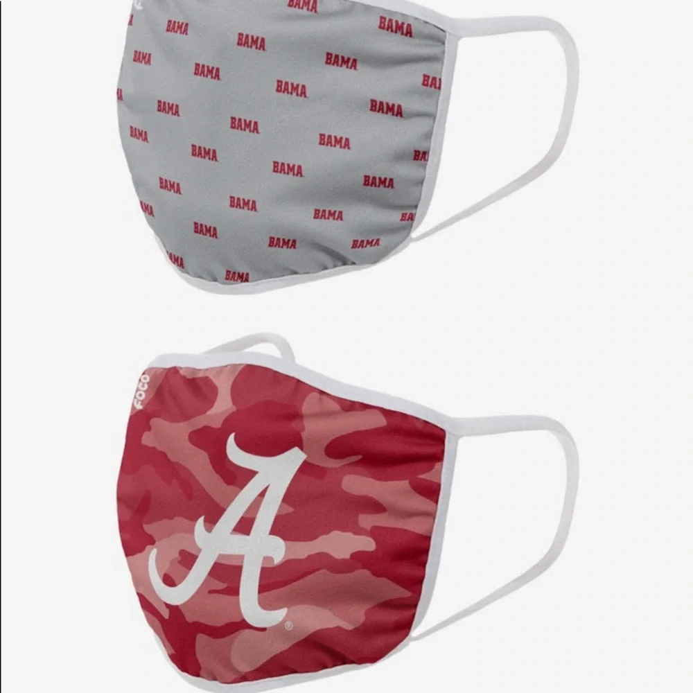 ALABAMA CRIMSON TIDE 2 PIECE FACE MASK COVERINGS RED GRAY ADULT OS NWT